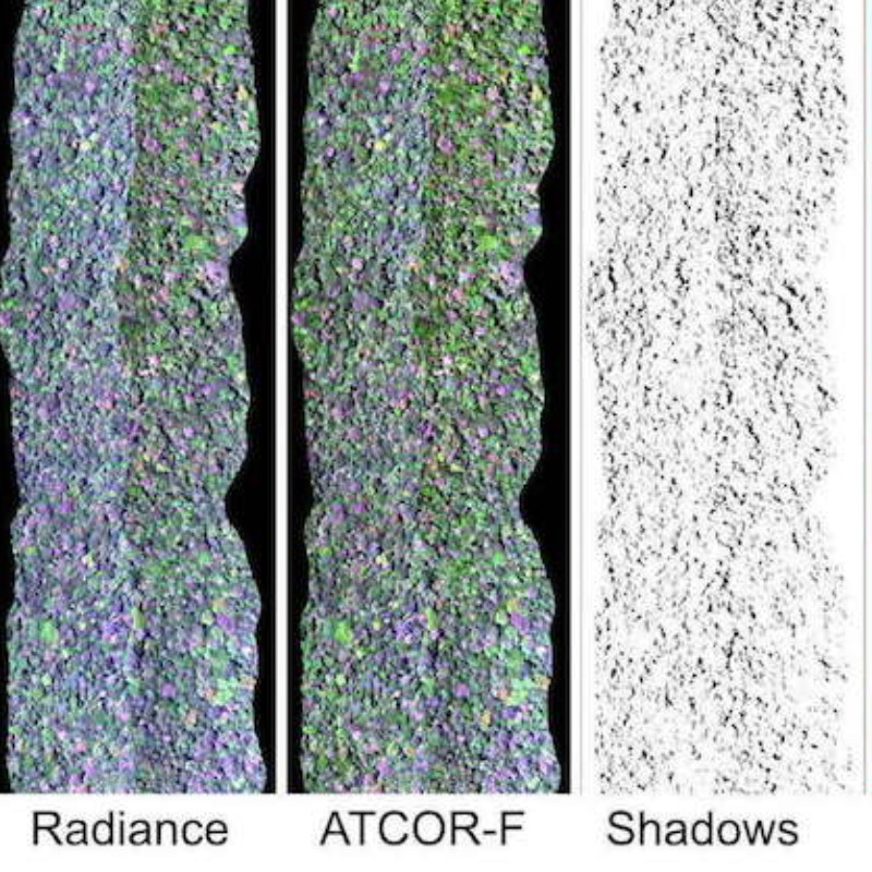 HYSPEX SHAOT correction results (French Guiana, mosaic). Left: at-sensor radiance, 2nd: ATCOR standard processing; 3rd: image based shadow detection.