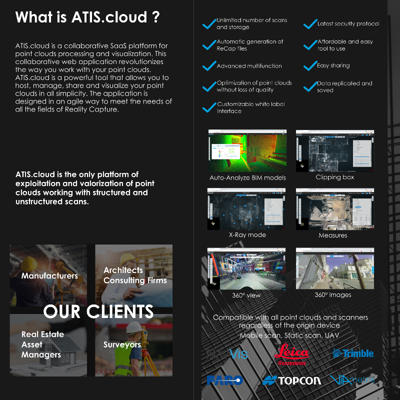 Workflow of ATIS.cloud : Capture the environement (Mobile scan, static scan, UAV) -> Generate point clouds -> import point clouds with images on ATIS.cloud -> Import your BIM models -> Clash detection, 3D simulation -> Share and work on your project from the cloud