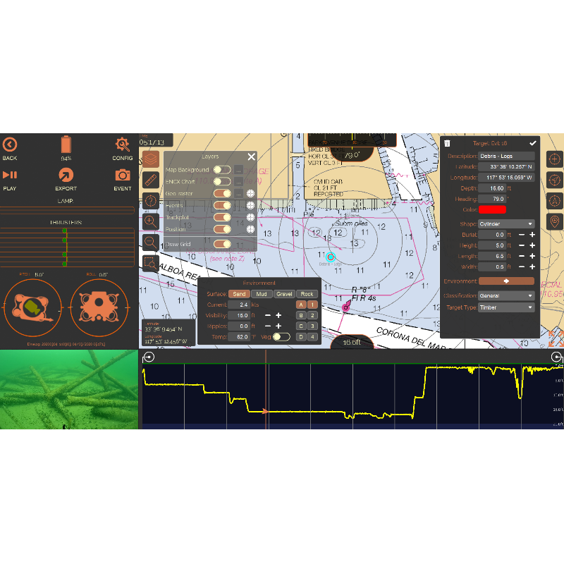 SubNav OS showing real time event marking on Nautical Chart background with HD video feed